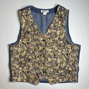 Vintage Cherokee Denim Floral Autumn Leaves Vest USA Made Women's Size M 90s